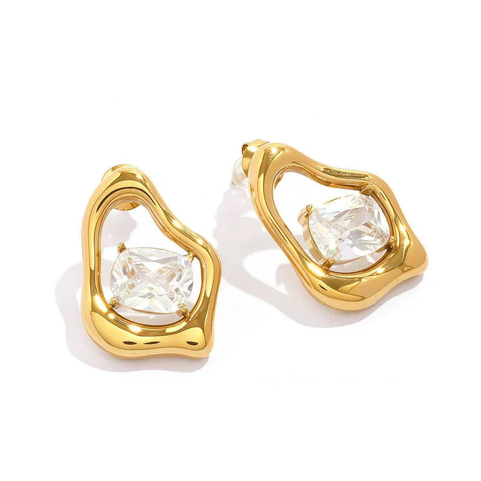 Avery Asymmetry Studs in 18K gold PVD-plated finish, product shot on white background