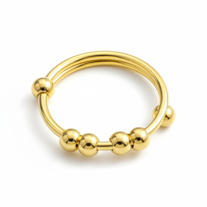 Nia Orbit Bead Ring in 18K gold PVD-plated finish, product shot on white background