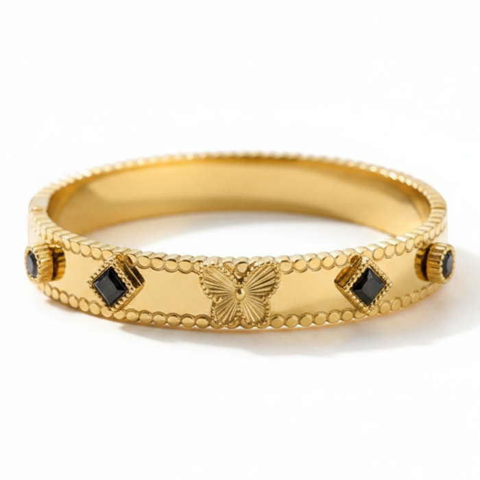 Butterfly Noir Zircon Bangle in 18K gold PVD-plated finish, product shot on white background
