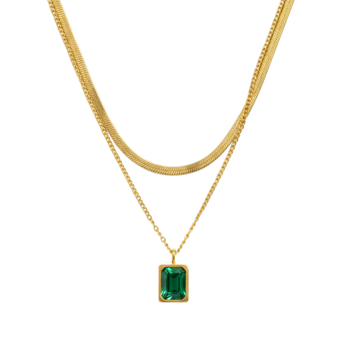 Emerald Duo Layered Pendant Necklace in 18K gold-plated finish, product shot on white background