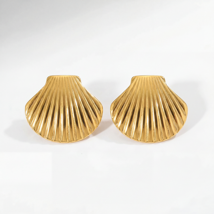 Coral Shell Studs in 18K gold PVD-plated finish, product shot on white background