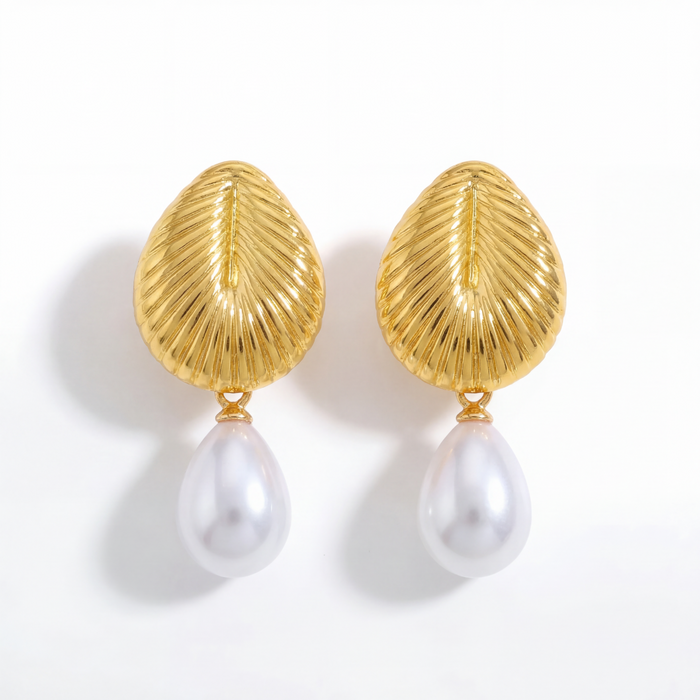 Clara Ginkgo Pearl Studs in gold PVD-plated finish, product shot on white background