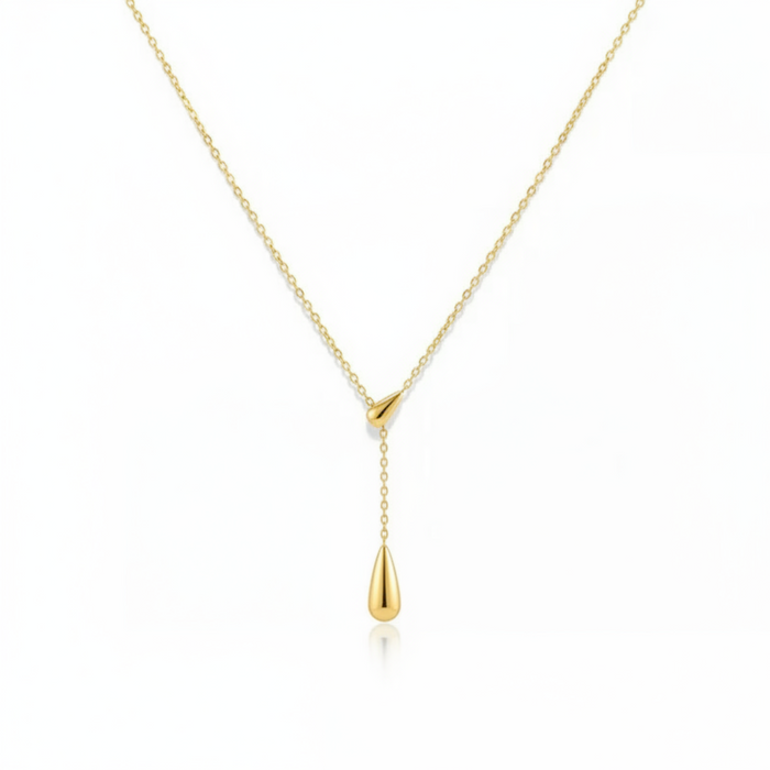 Isla Liquid Droplet Lariat Necklace in 18K gold PVD-plated finish, product shot on white background