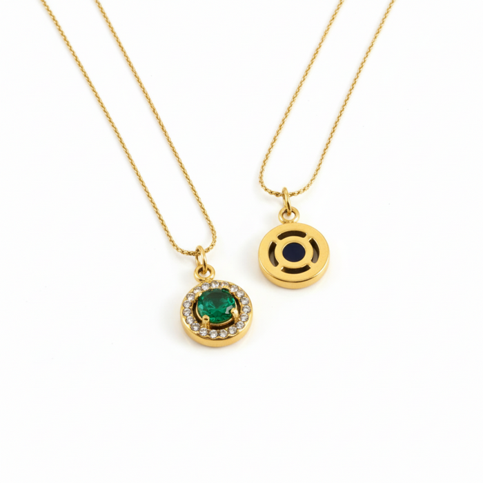 Elara Emerald Halo Pendant Necklace in 18K gold PVD-plated finish, product shot on white background