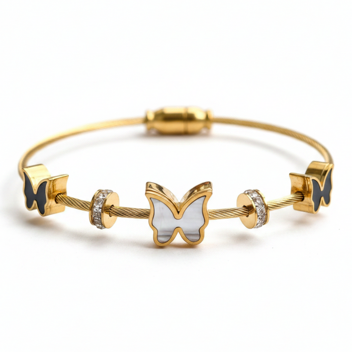 Butterfly Shell Zircon Bangle Bracelet in 18K gold PVD-plated finish, product shot on white background