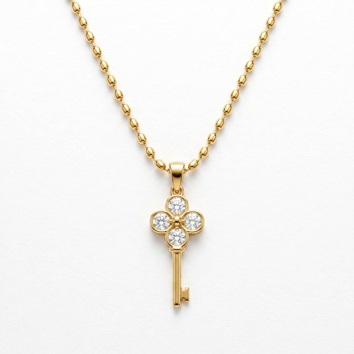 Clover Lucky Key Pendant Necklace in 18K gold-plated finish, product shot on white background