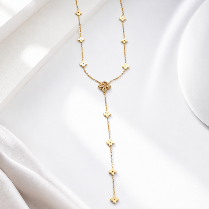 Four Leaf Glow Y-Necklace in 18K gold-plated finish, product shot on white background