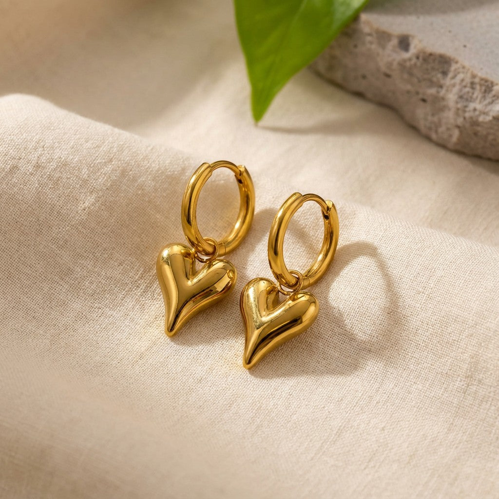 Hypoallergenic Lena Puff Heart Huggie Earrings in 18K gold PVD-plated stainless steel