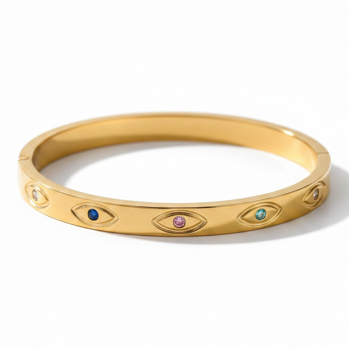 Iris Evil Eye Bangle in 18K gold PVD-plated finish, product shot on white background