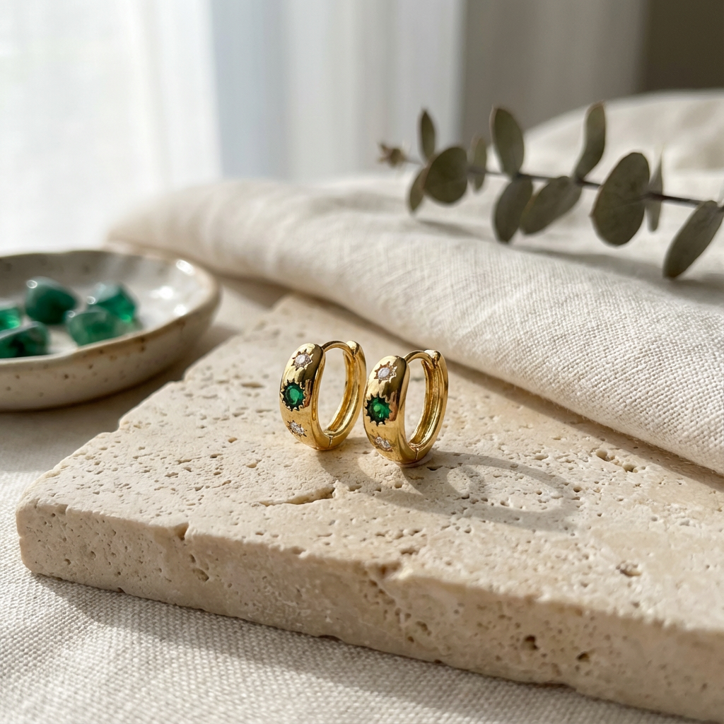 Emerald Halo Mini Hoops