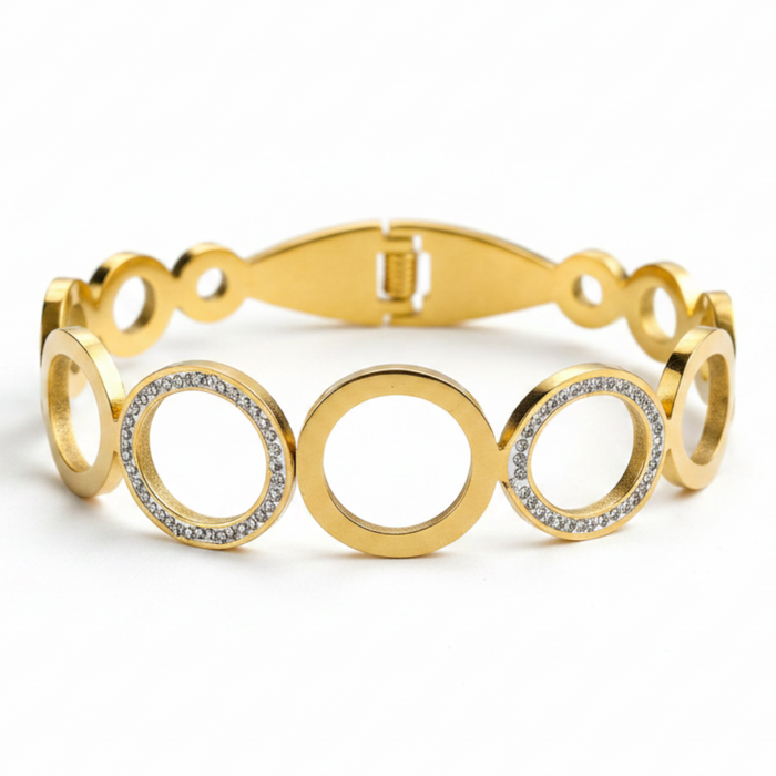 Circle Glow Rhinestone Bangle in 18K gold PVD-plated finish, product shot on white background