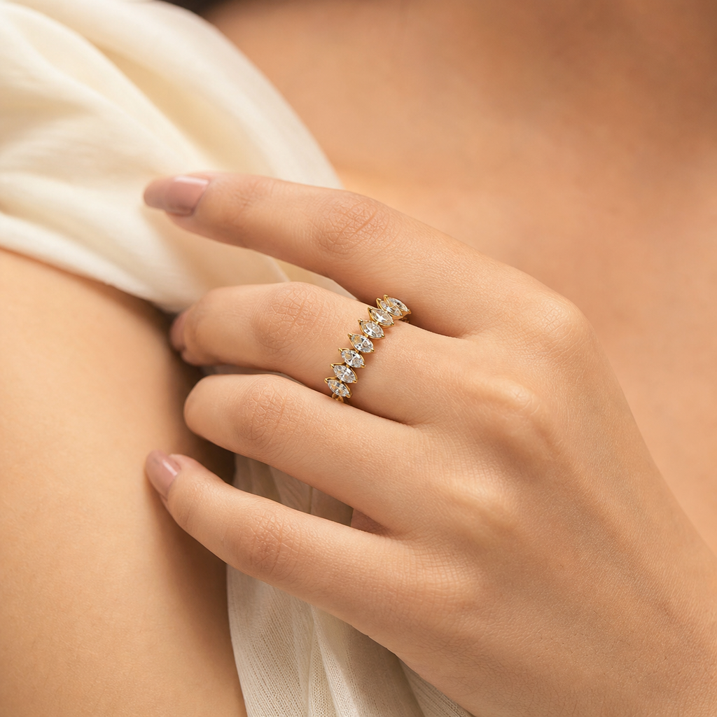 Aria Marquise Crown Ring in 18K gold PVD-plated finish worn on the hand