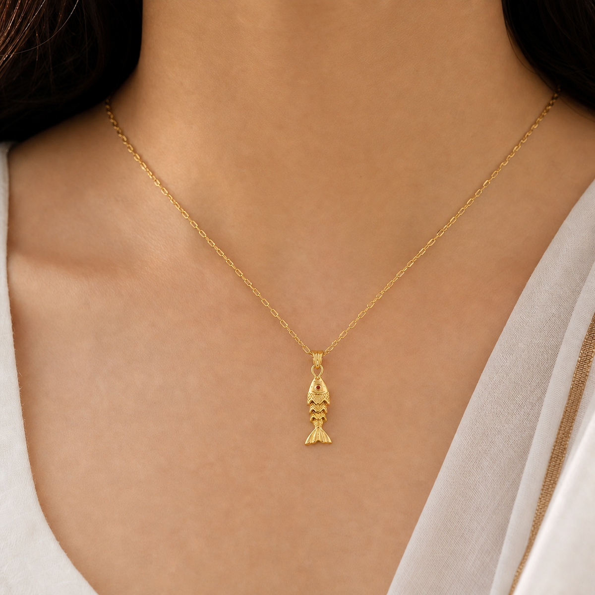 Koi Prosperity Fish Necklace in gold PVD-plated finish worn on the neck