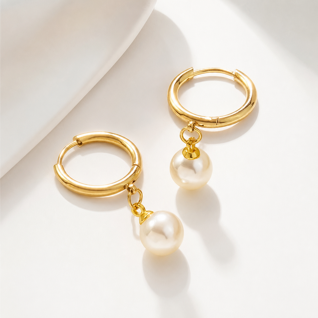 Noelle Pearl Drop Hoop Earrings in 18K gold-plated finish, product shot on white background