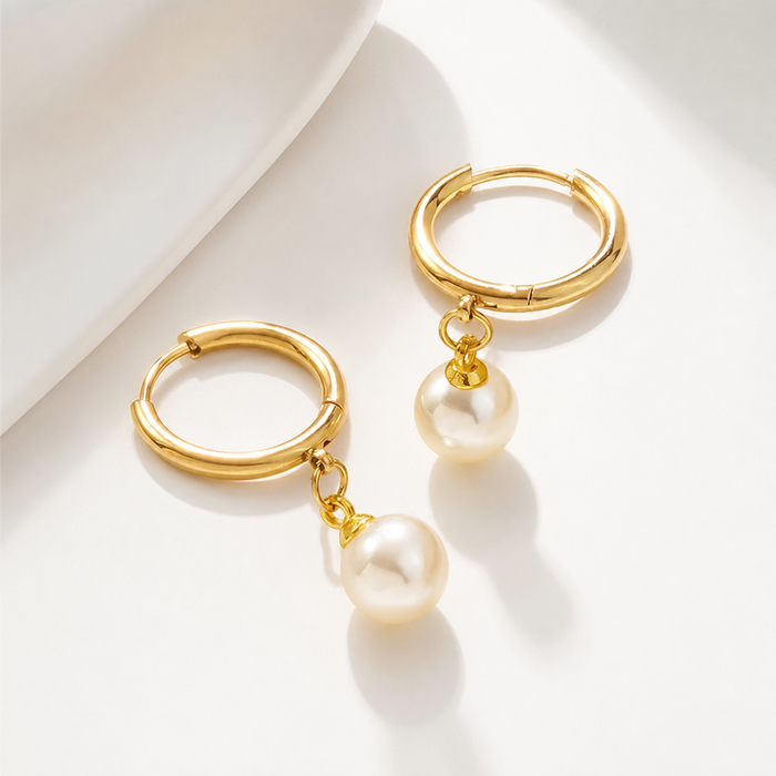 Noelle Pearl Drop Hoop Earrings in 18K gold-plated finish, product shot on white background