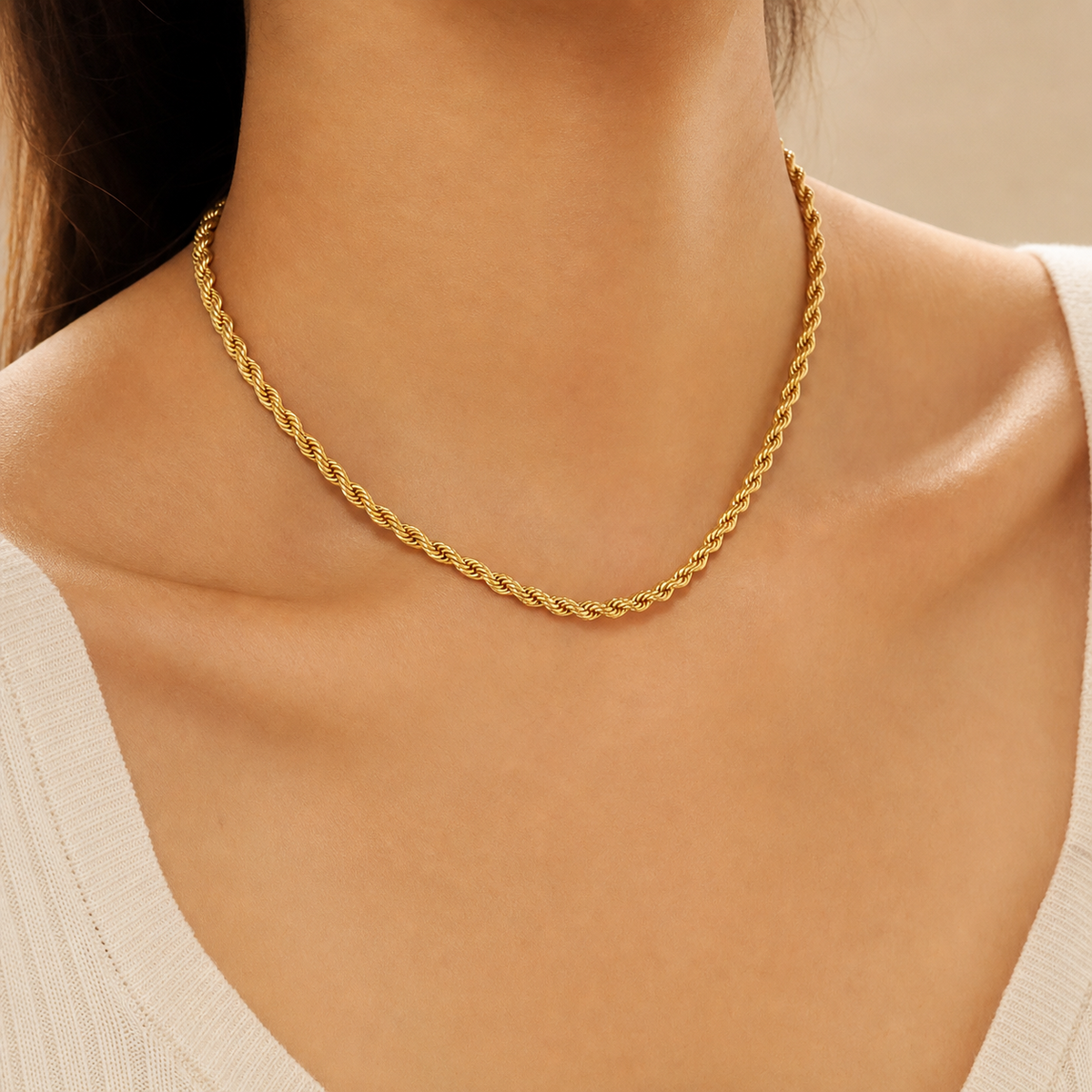 Elena Classic Geometric Rope Chain Necklace in 18K gold PVD-plated finish worn on the neck