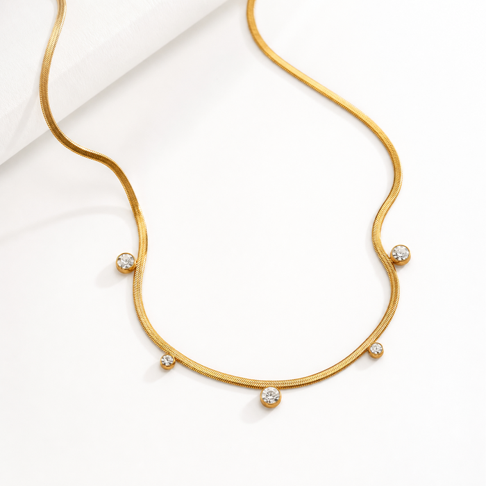 Amelia Multi Charms Zircon Necklace in 18K gold PVD-plated finish, product shot on white background