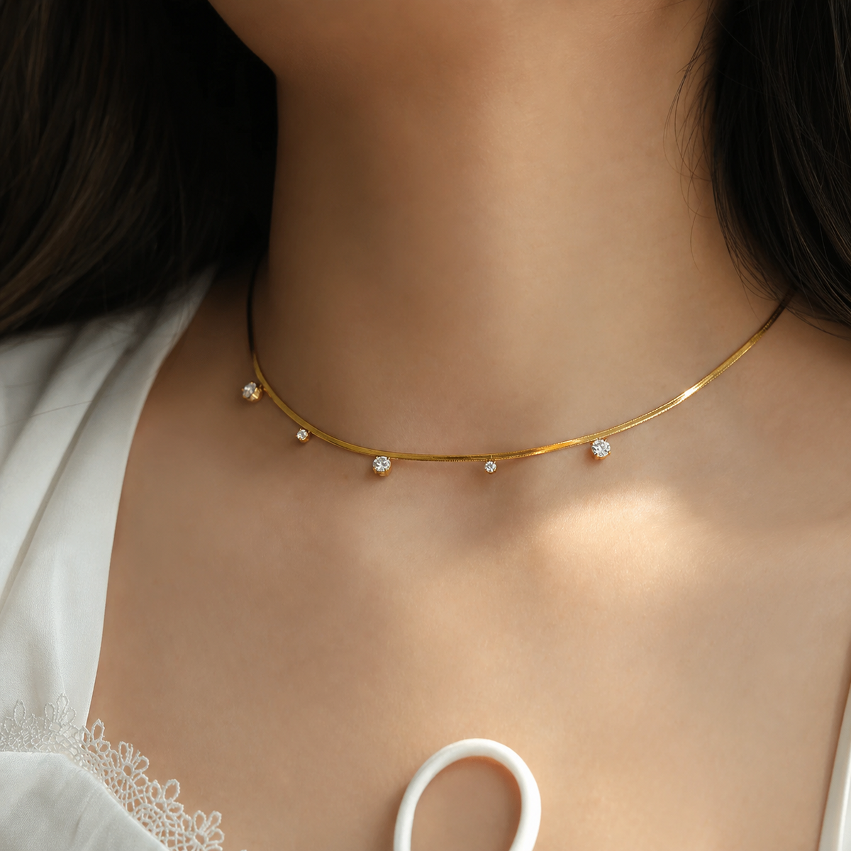 Amelia Multi Charms Zircon Necklace in 18K gold PVD-plated finish worn on the neck