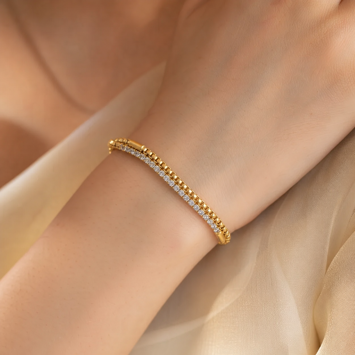 Isabella Rhinestone Bracelet in 18K gold PVD-plated finish worn on the wrist