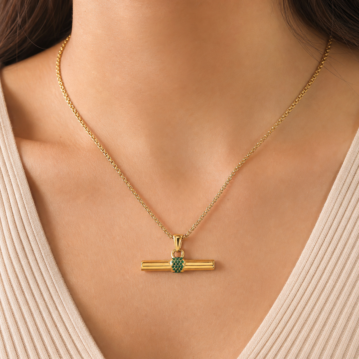 Mia T-Bar Zircon Curb Chain Necklace in 18K gold PVD-plated finish worn on the neck