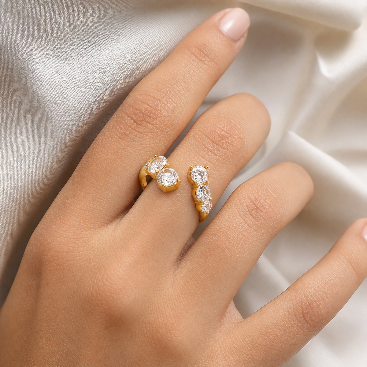 Lily Zircon Ring in 18K gold PVD-plated finish worn on the hand