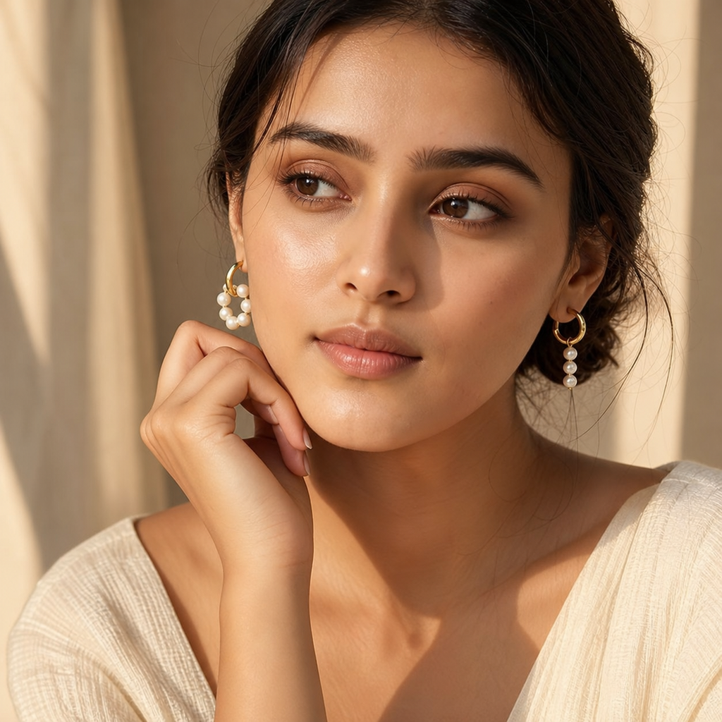 Sophie Mismatched Freshwater Pearl Drop Earrings in gold-tone finish worn on the ear