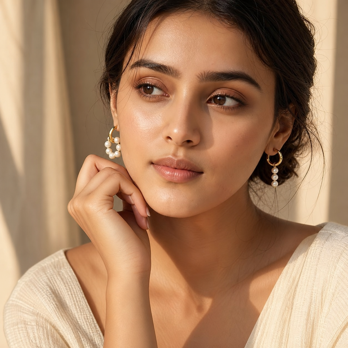 Sophie Mismatched Freshwater Pearl Drop Earrings in gold-tone finish worn on the ear
