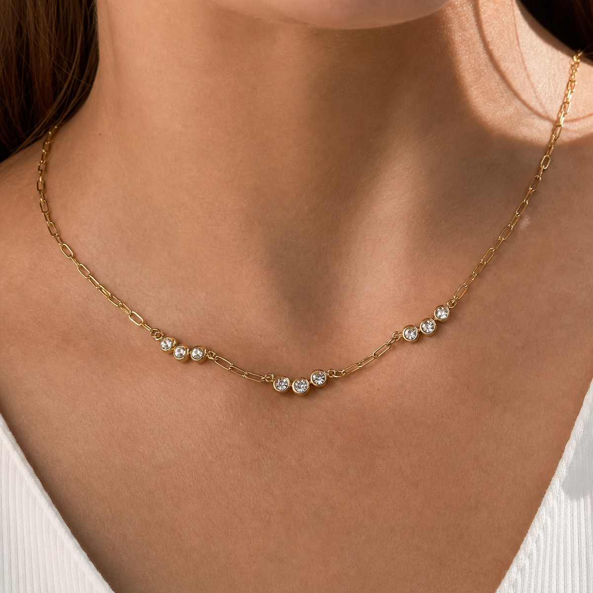 Ira Zircon Link Chain Necklace in 18K gold PVD-plated finish worn on the neck