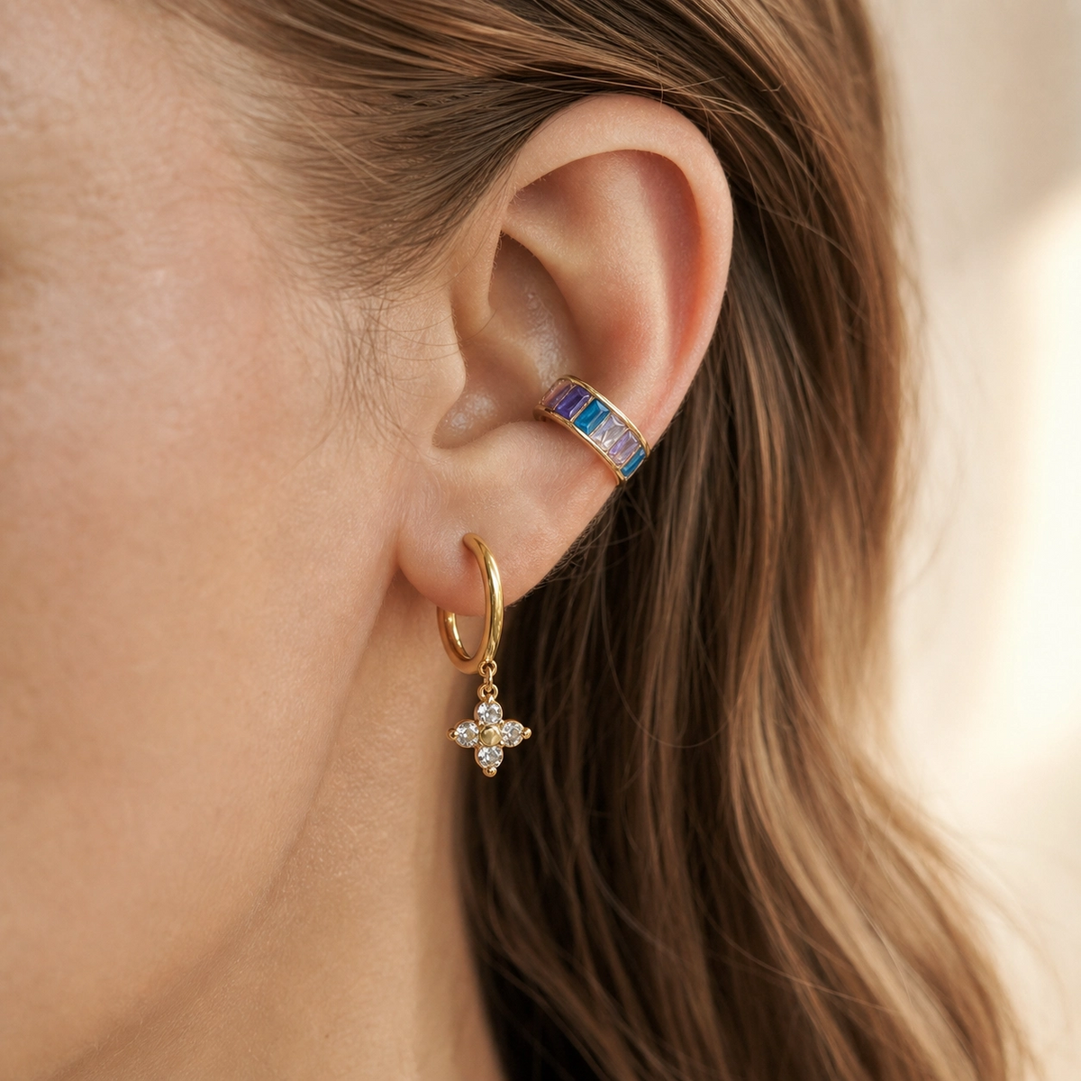 Brooklyn Ear Cuffs in 18K gold PVD-plated finish worn on the ear