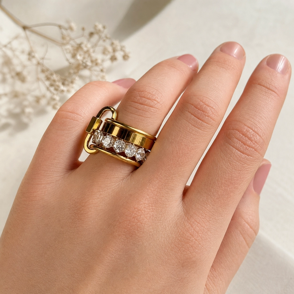 Harper Multi-Layer Zircon Ring in gold PVD-plated finish worn on the hand