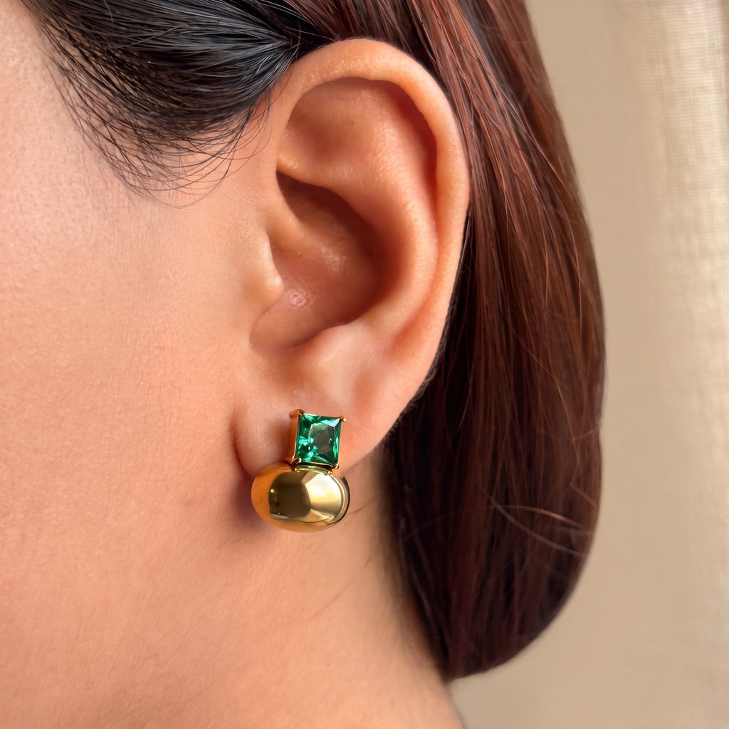 Tara Zircon Drop Earrings worn on the ear, alternate view