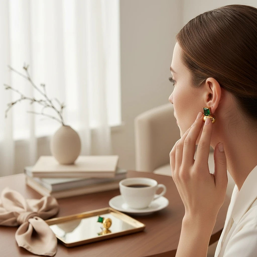 Tara Zircon Drop Earrings worn on the ear, close-up