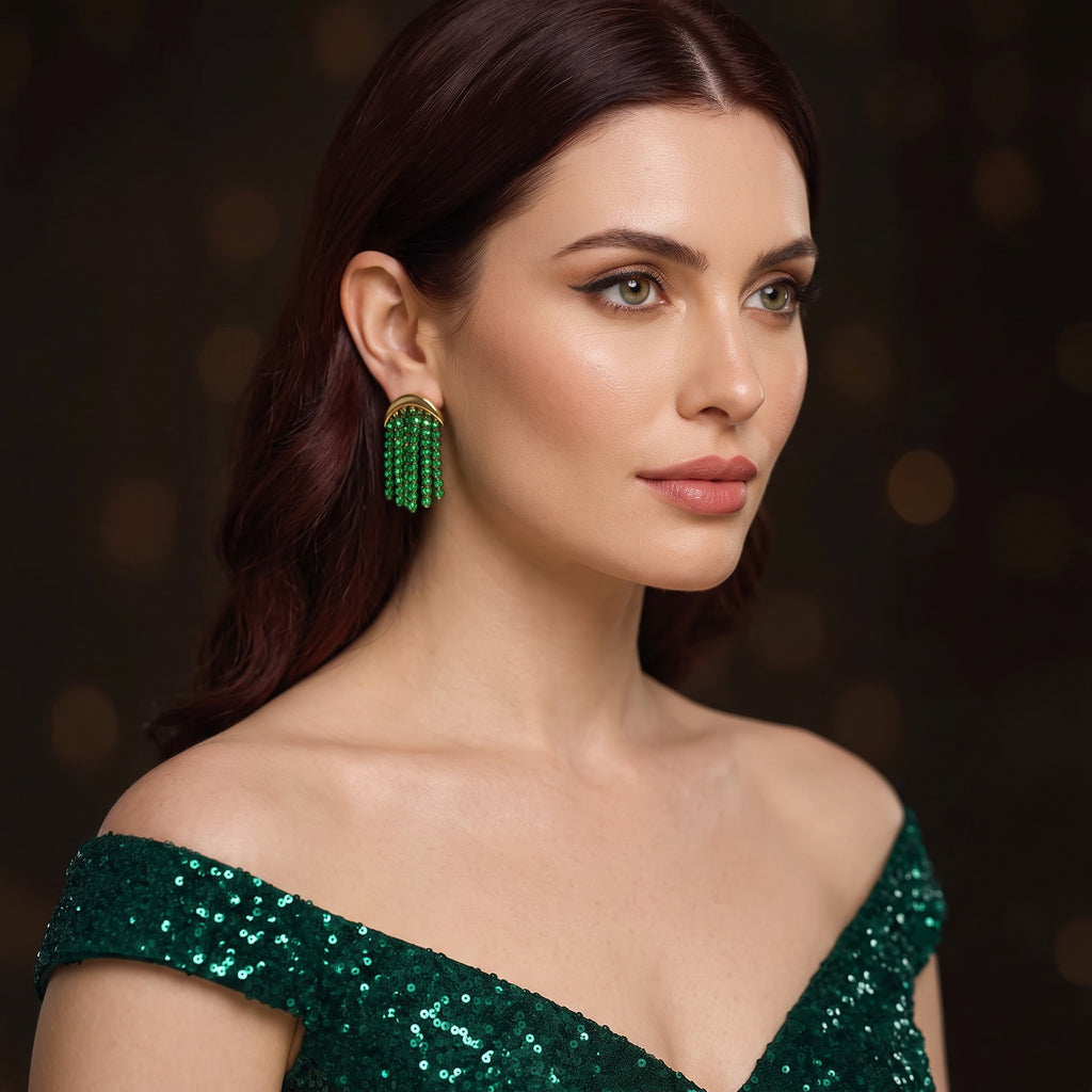 Isla Green Beaded Statement Earrings in gold-tone finish worn on the ear