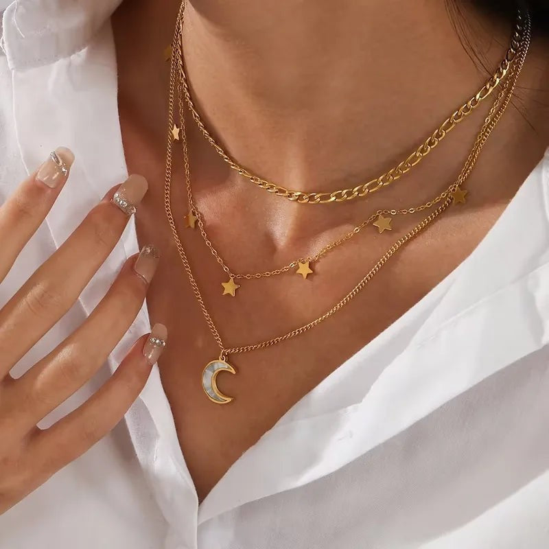 Starlit Dreams Layered Necklace in 18K gold-plated finish worn on the neck