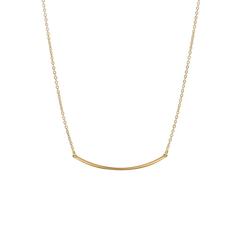 Pretty Shimmering Things Global Sunrise Curve Minimal Necklace featuring a delicate 18K gold-plated curved bar pendant.