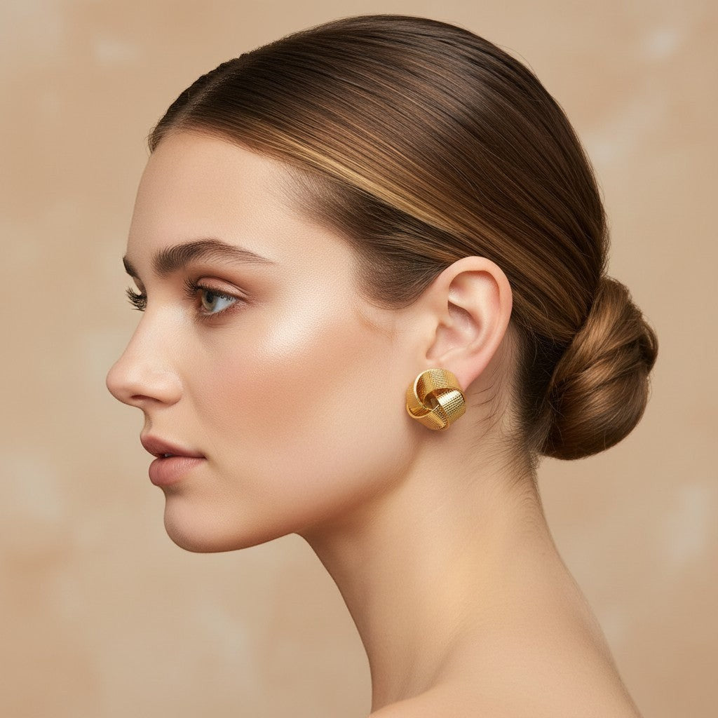 Pretty Shimmering Things Global Nova woven knot earrings in 18K gold tone worn by a model with a sleek bun hairstyle.