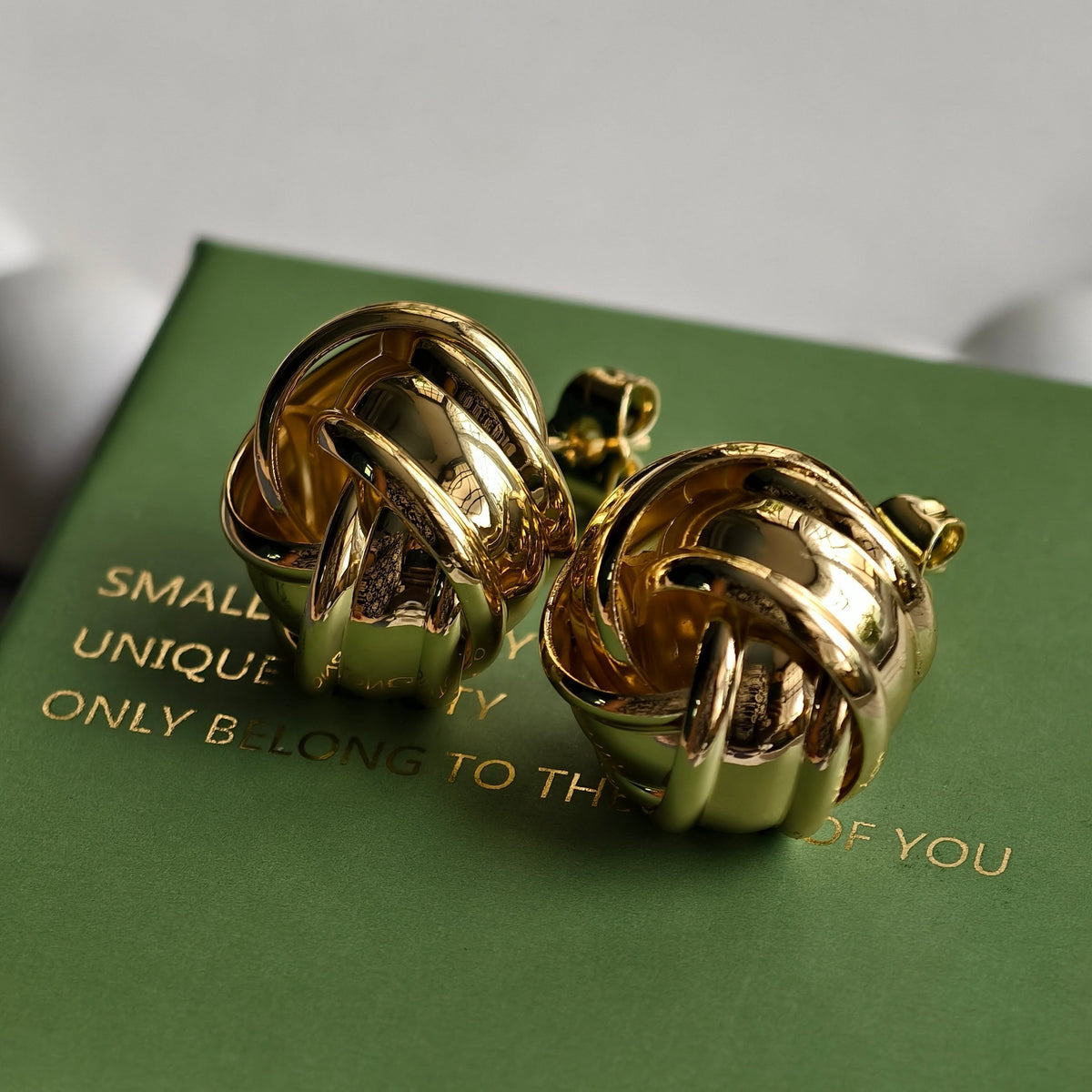 Nova Gloss Knot Earrings shown with Pretty Shimmering Things packaging
