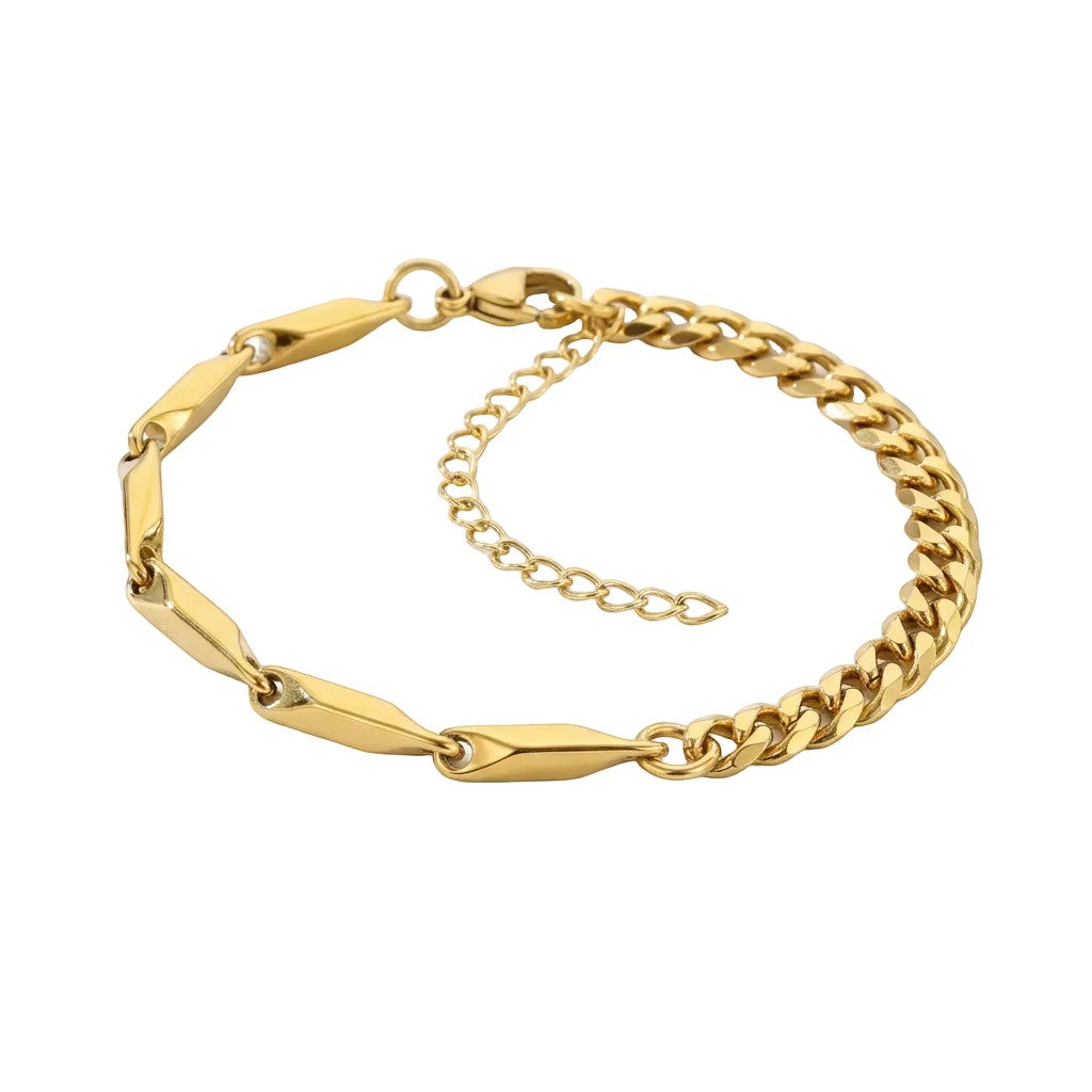 Pretty Shimmering Things Global gold-tone stainless steel bracelet featuring a mix of geometric links and curb chain.