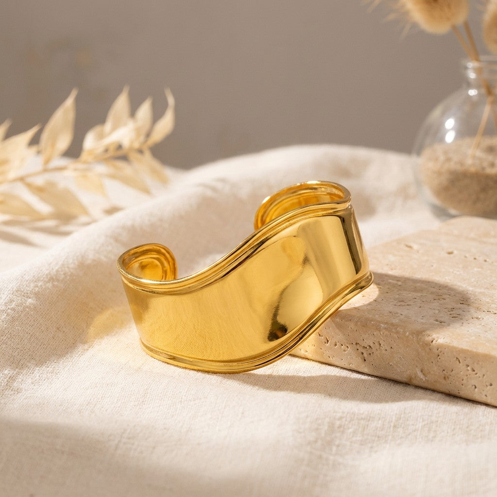 Sol Wave Cuff Bracelet, close-up on a display
