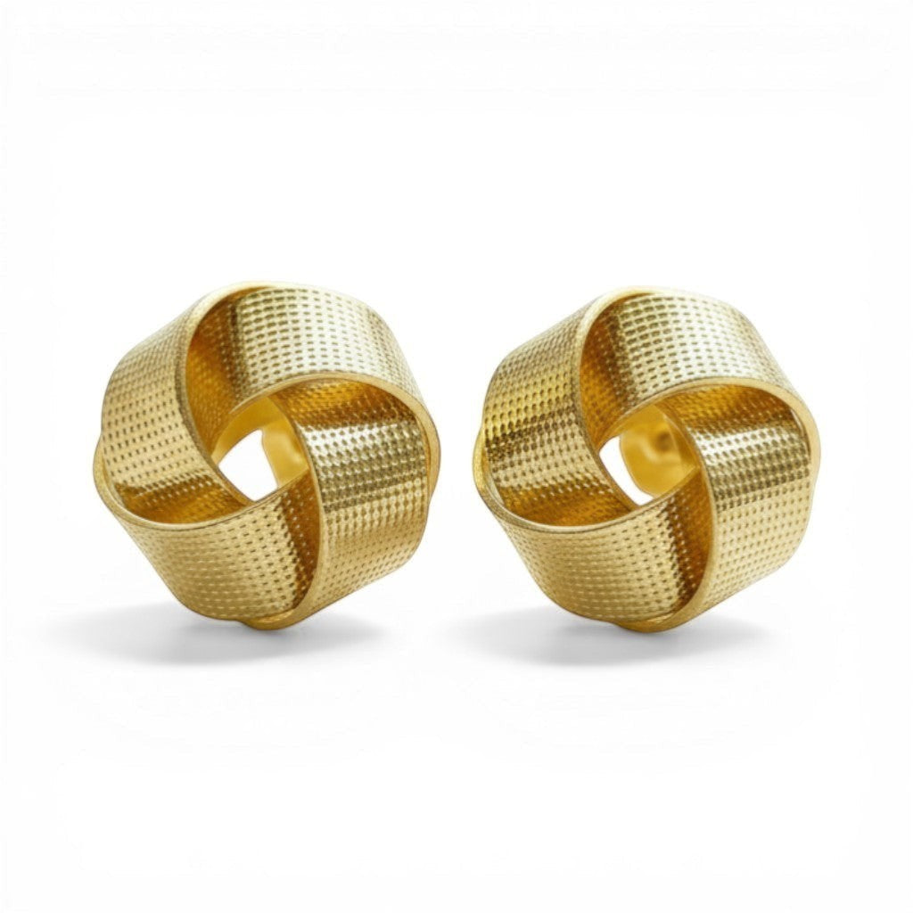 Pretty Shimmering Things Global Nova woven knot earrings in 18K gold plated stainless steel with a textured finish.