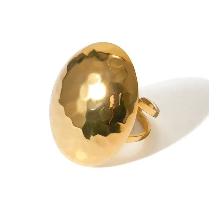 Pretty Shimmering Things Global Zoe hammered gold-plated stainless steel dome ring with an adjustable open band.