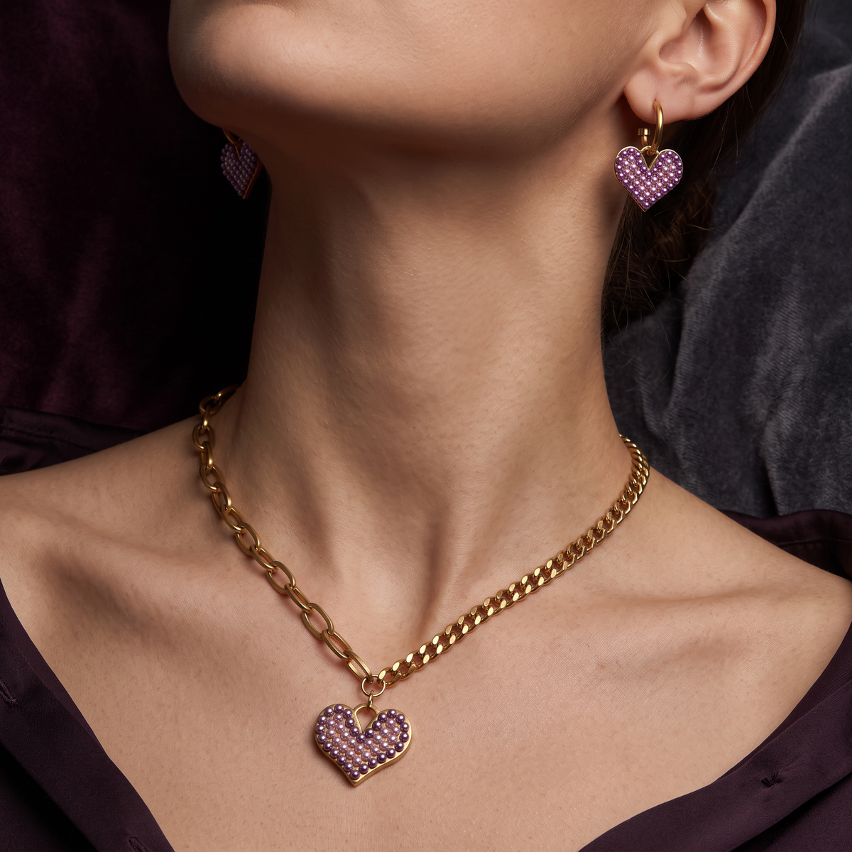 Chloe Heart Charm Set in 18K gold-plated finish worn on the ear