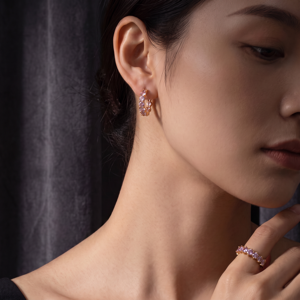 Lyra Lavender Crystal Hoop Clips in 18K gold-plated finish worn on the ear