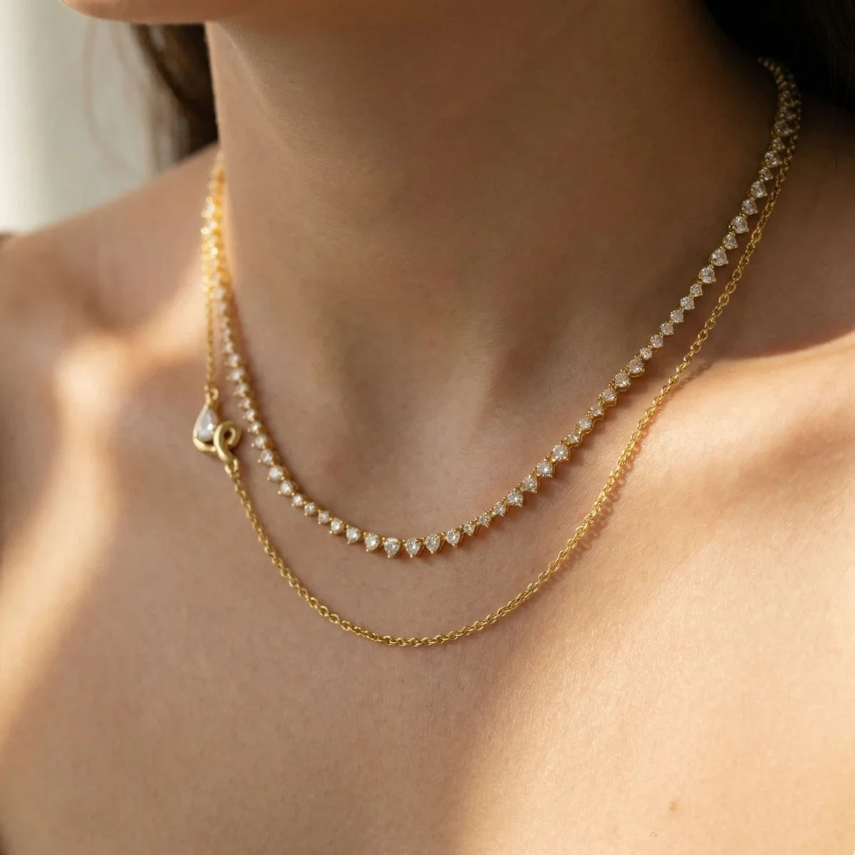Emery Double-Layer Zircon Necklace worn on the neck, alternate view