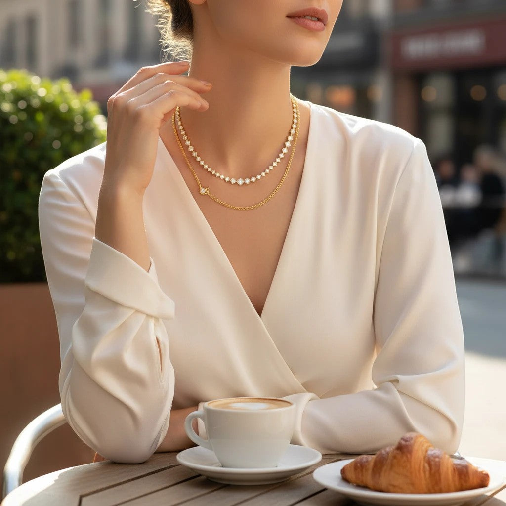 Emery Double-Layer Zircon Necklace in gold-tone finish worn on the neck