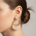 Luna Pearl Drop Earrings in 18K gold PVD-plated finish worn on the ear