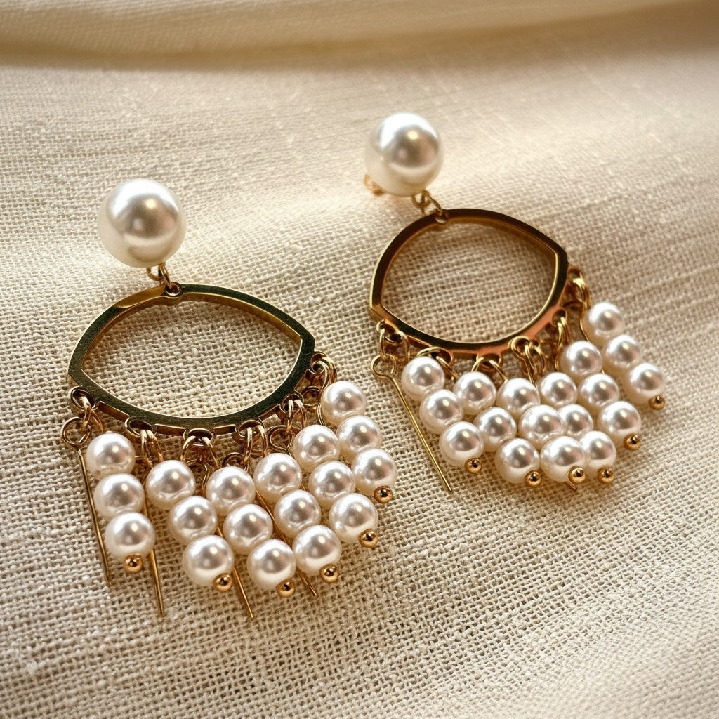 Luna Pearl Drop Earrings, styled flat lay