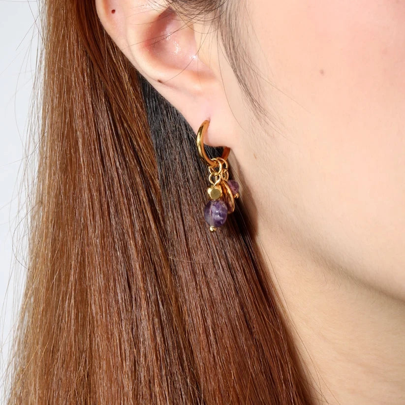 Orchid Charm Hoop Clips in 18K gold-plated finish worn on the ear