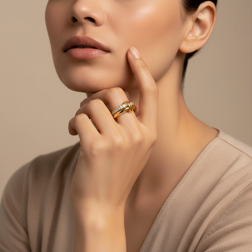 Sloane Double Ring in 18K gold-plated finish worn on the hand