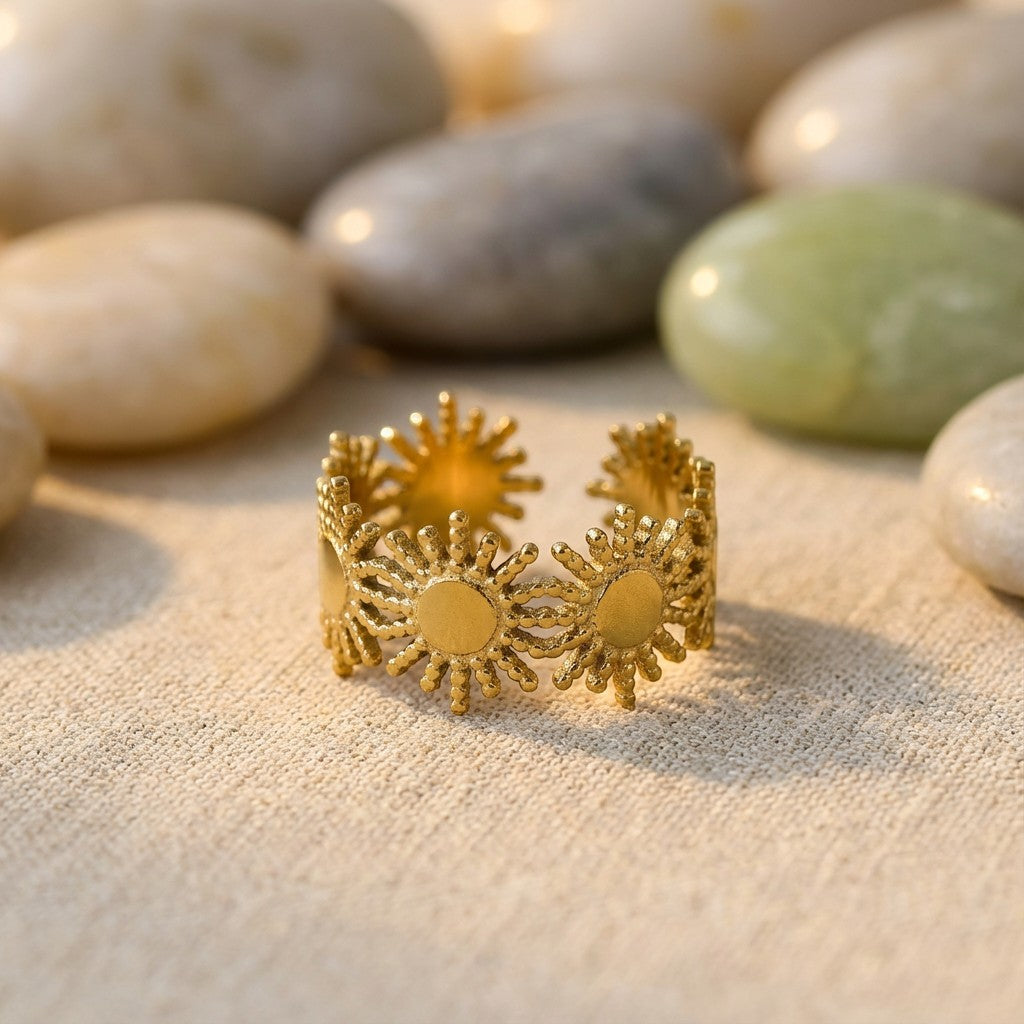 Solara Sunburst Ring, styled flat lay